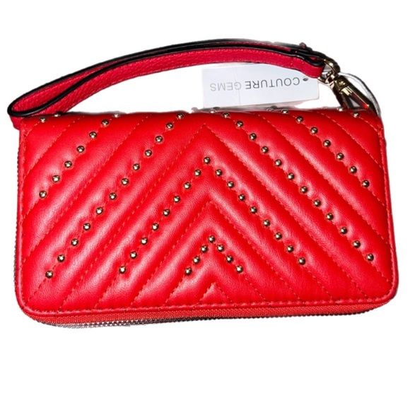 Couture Gems Red Quilted Faux Leather Double zipped Wallet Purse - Picture 1 of 5